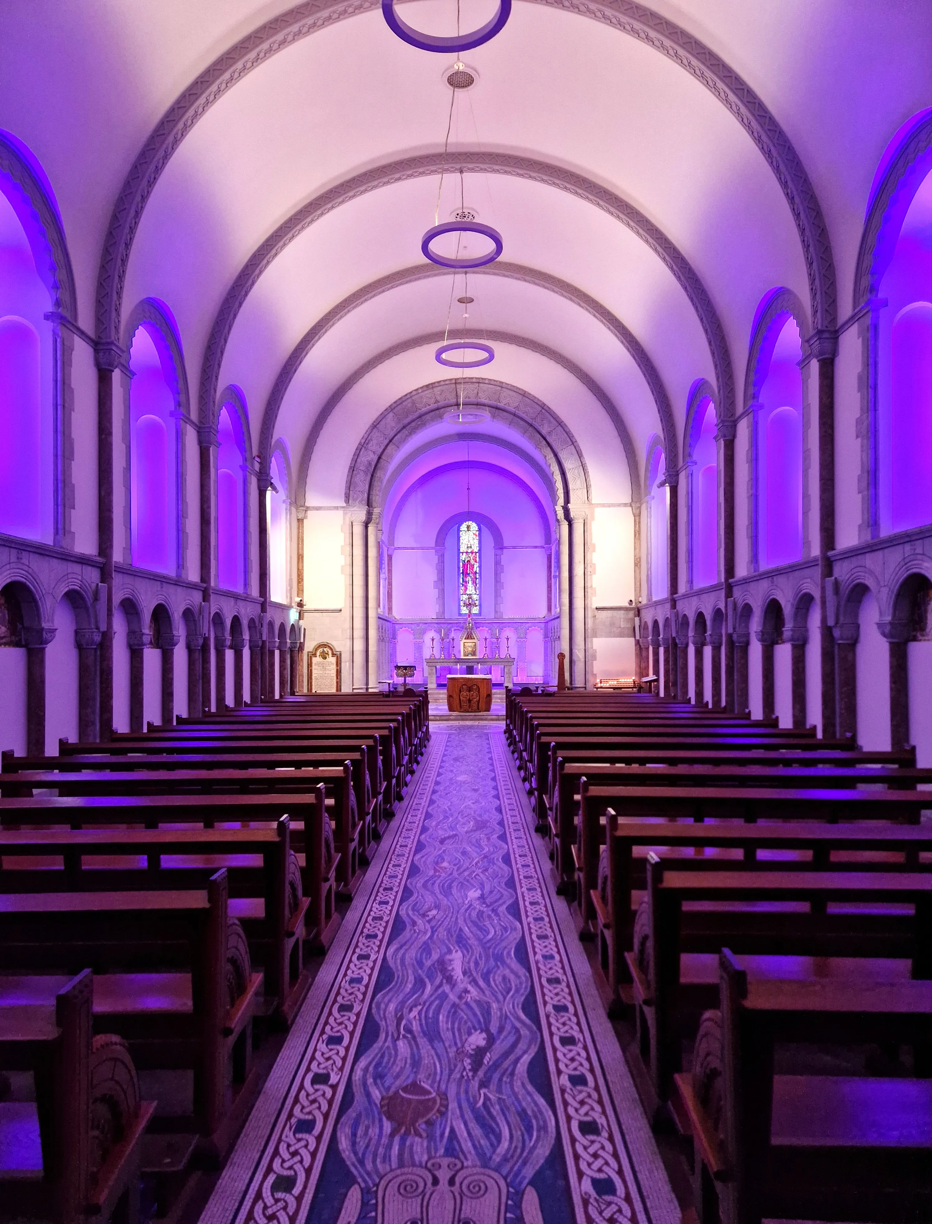 Inside the Honan Chapel, looking up the aisle to the altar